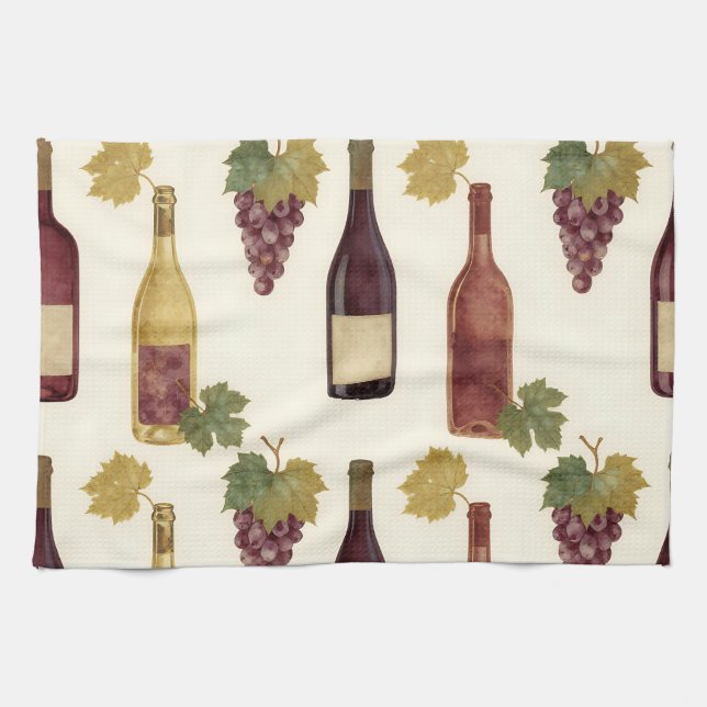 Vintage Wine Bottle Grapevine Pattern Tea Towel (Horizontal)