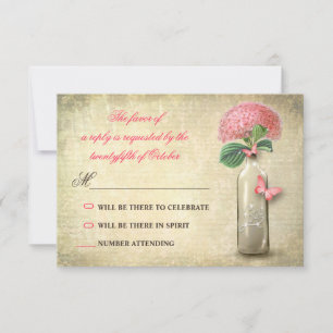 vintage wine bottle & pink flowers wedding rsvp card