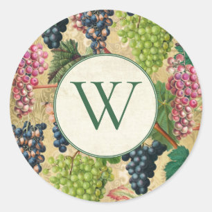 Vintage Wine Grapes Monogram Classic Round Sticker