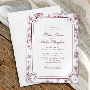 Vintage Wine Red French Floral Toile Wedding Invitation