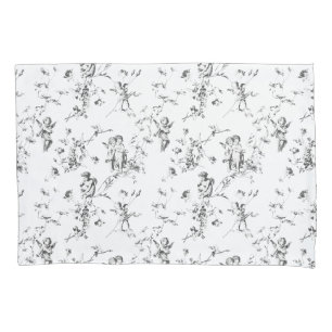 Vintage Winged Cherub Angels Flowers Gray Toile Pillowcase