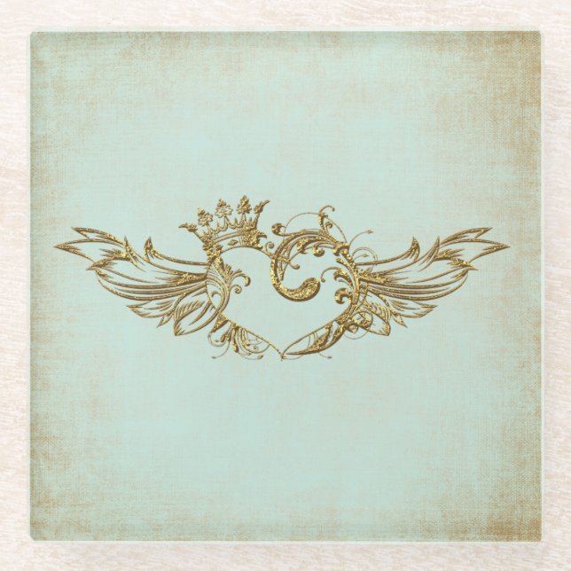 Vintage Winged Heart Aqua Cream Glass Coaster (Front)