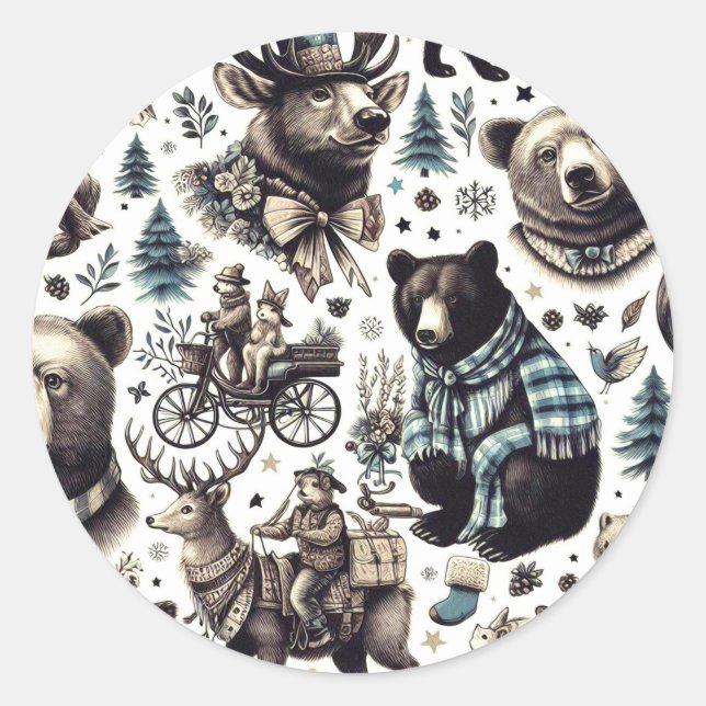 Vintage Winter Animals Pattern Classic Round Sticker (Front)