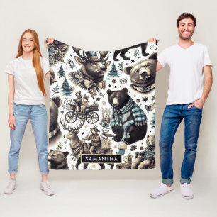 Vintage Winter Animals Pattern Fleece Blanket