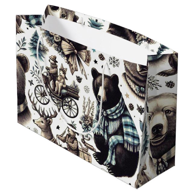Vintage Winter Animals Pattern Large Gift Bag (Back Angled)