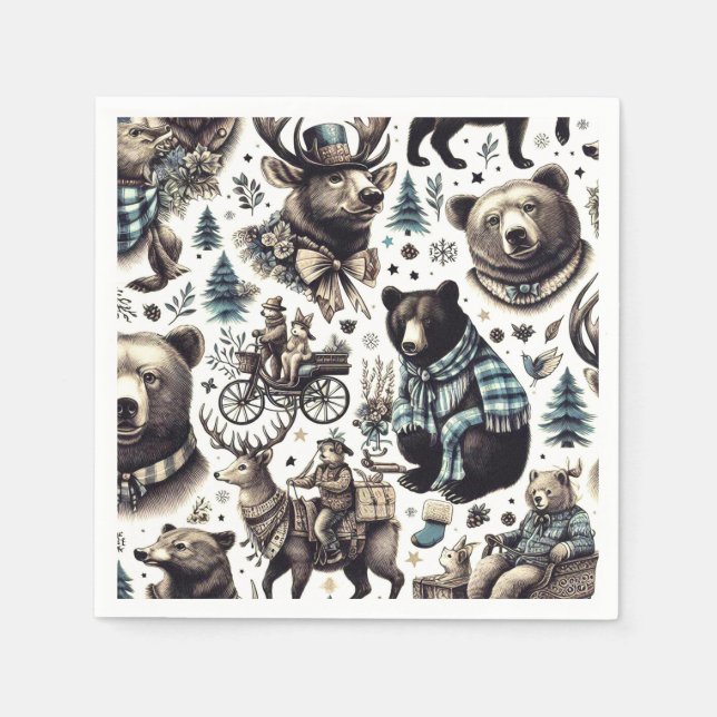 Vintage Winter Animals Pattern Napkin (Front)