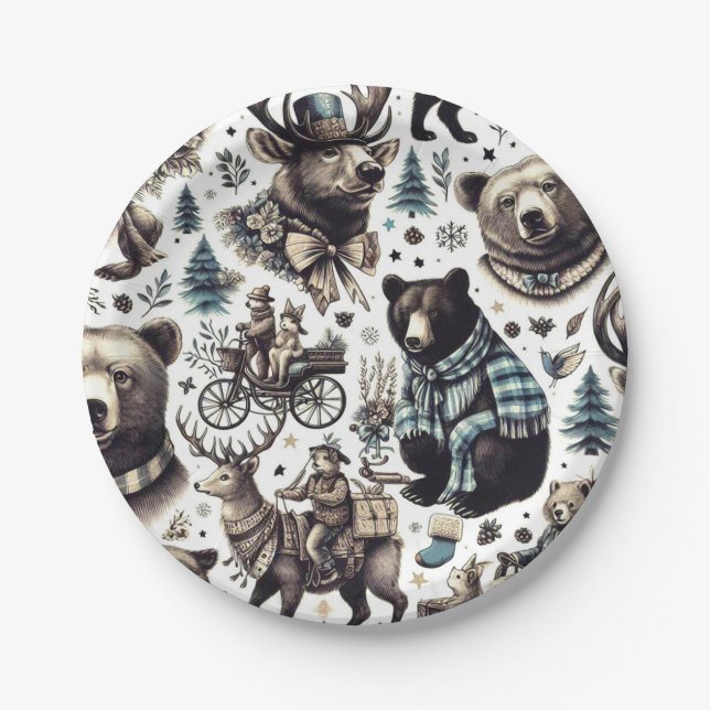 Vintage Winter Animals Pattern Paper Plate (Front)