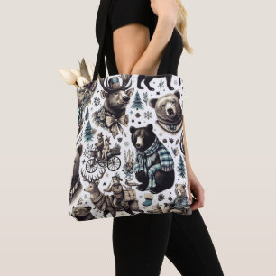 Vintage Winter Animals Pattern Tote Bag