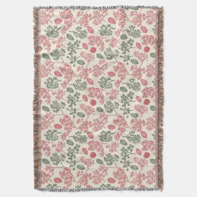 Vintage Winter Berries and Pinecones Throw Blanket (Front Vertical)