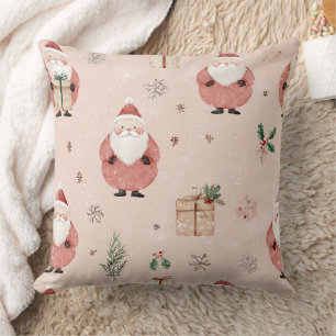 Vintage Winter Botanical Santa Dusty Rose Pink Cushion