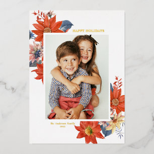 Vintage Winter Botanicals Photo Happy Holidays Foil Holiday Card