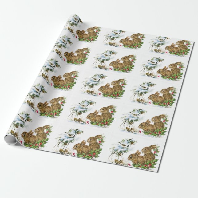Vintage Winter Bunnies Wrapping Paper (Unrolled)