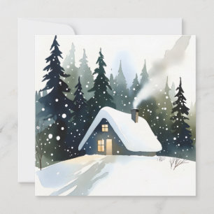 Vintage Winter Cabin Watercolor Christmas Card