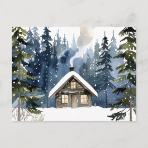 Vintage Winter Cabin Watercolor Christmas Postcard