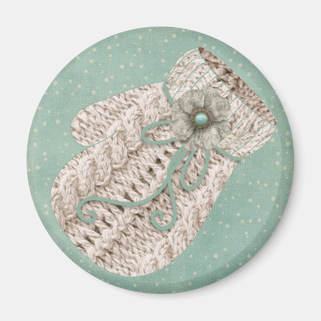 Vintage winter cable knit mitten grey blue magnet (Front)