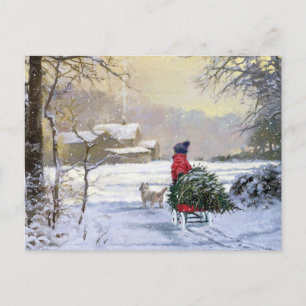 Vintage Winter Child Bringing Home The Tree Postcard