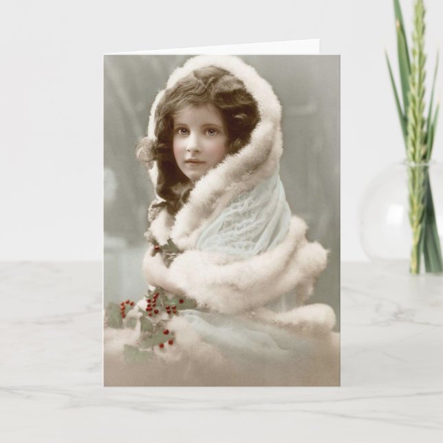 Vintage Winter Christmas Girl Holiday Card (Front)