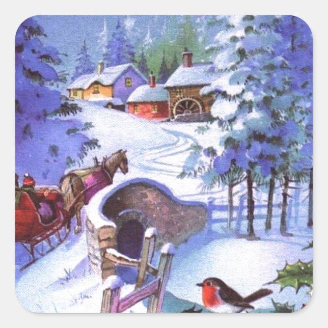 Vintage Winter Christmas Scene Square Sticker (Front)