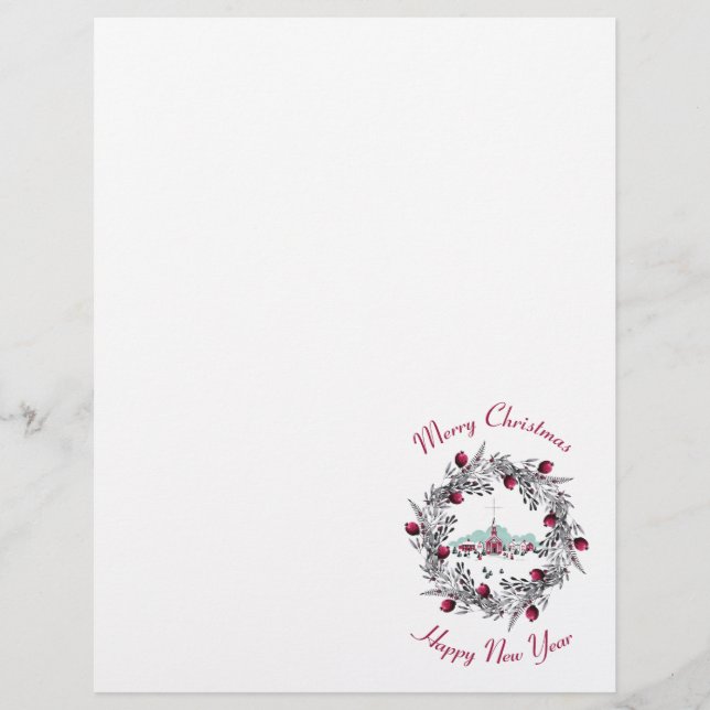 Vintage Winter Church Scene with Christmas Wreath (Front)