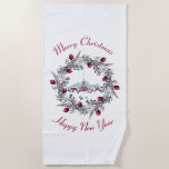 Vintage Winter Church Scene with Christmas Wreath Beach Towel<br><div class="desc">A beach towel with a digital image of a painted illustration of a red church and steeple. A bright Christmas star shining overhead. Families out in front arriving for a church service. Winter snow covers the ground and rests on cute bushy pine trees. A red and grey Christmas wreath surrounds...</div>