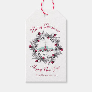 Vintage Winter Church Scene with Christmas Wreath Gift Tags