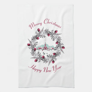 Vintage Winter Church Scene with Christmas Wreath Tea Towel