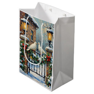 Vintage Winter Doves at Lantern-Lit Gate Christmas Medium Gift Bag