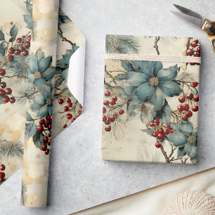 Vintage Winter Elegance, Red Berries & Grey Floral Wrapping Paper