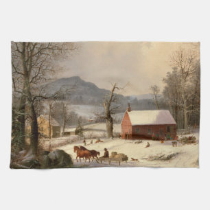 Vintage Winter Farm house Tea Towel