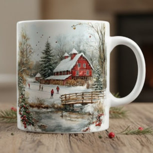Vintage Winter Farm Scene. Christmas Gift Mugs