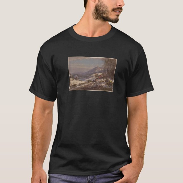 Vintage Winter Firewood Splitting Painting 1870 T-Shirt (Front)