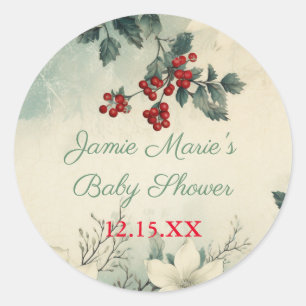 Vintage Winter Floral Christmas Baby Shower Classic Round Sticker