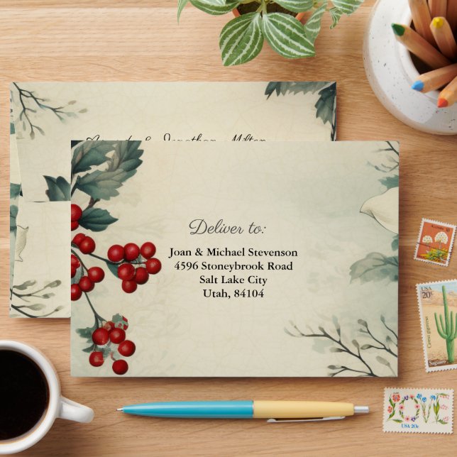 Vintage Winter Floral Christmas Pre-addressed Envelope (Desk)