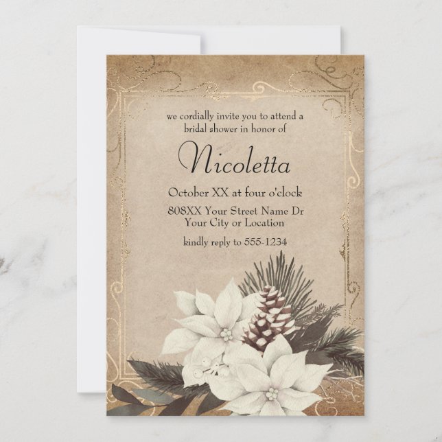 Vintage Winter Flowers on Faded Parchment Invitation (Front)