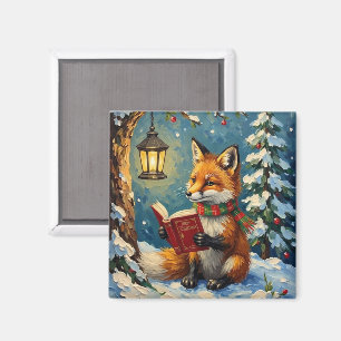 Vintage Winter Fox Reading by Lantern Light Magnet