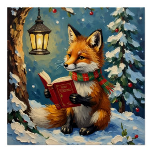 Vintage Winter Fox Reading by Lantern Light Poster