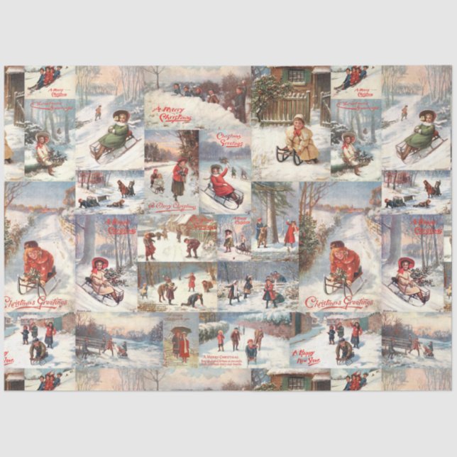 Vintage Winter Fun Christmas Collage Tissue Paper (Front)