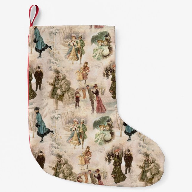 Vintage Winter Fun Snow Scenes Small Christmas Stocking (Front)