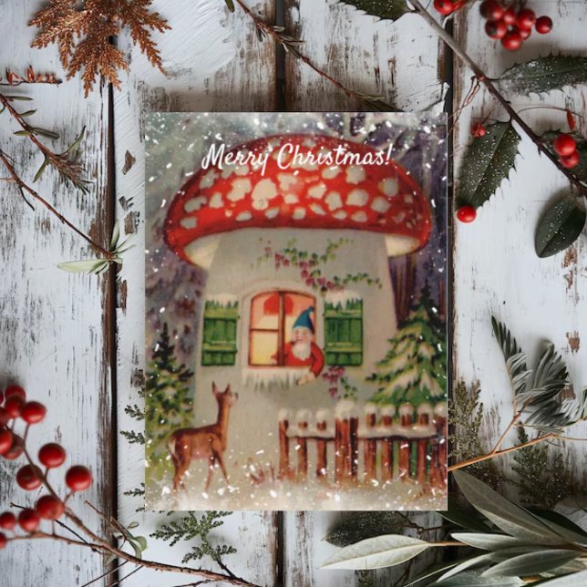 Vintage Winter Gnome in Mushroom Christmas Postcard (Creator Uploaded)