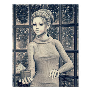 Vintage Winter Holiday Girl Portrait Art Poster