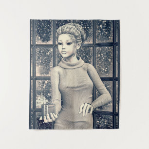Vintage Winter Holiday Girl Portrait Art Tapestry