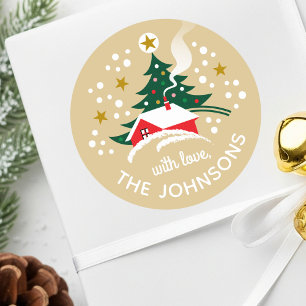 Vintage Winter House Christmas Custom Name Gold Classic Round Sticker