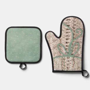 Vintage winter mitten snowflake pattern blue grey  oven mitt & pot holder set