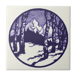 Vintage Winter Mountain Scene Etching Ceramic Tile