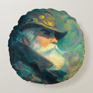 Vintage Winter Old Man Portrait Round Cushion
