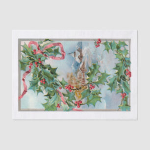 Vintage Winter Rural Village and Christmas Holly Tissue Paper