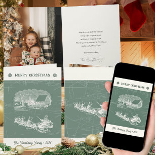 Vintage Winter Sage Green Santa Sleigh Christmas Holiday Card