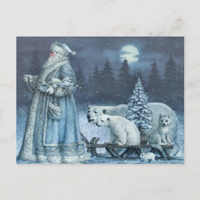 Vintage Winter Santa With Polar Bears Holiday Postcard (Front)