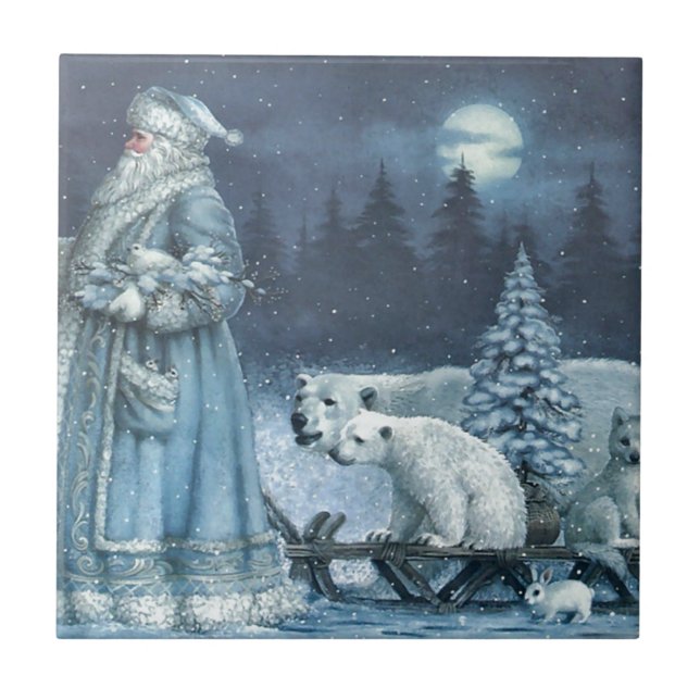 Vintage Winter Santa With Polar Bears Tile (Front)