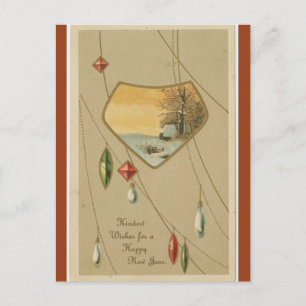 Vintage Winter Scene and Gems Happy New Year Postcard